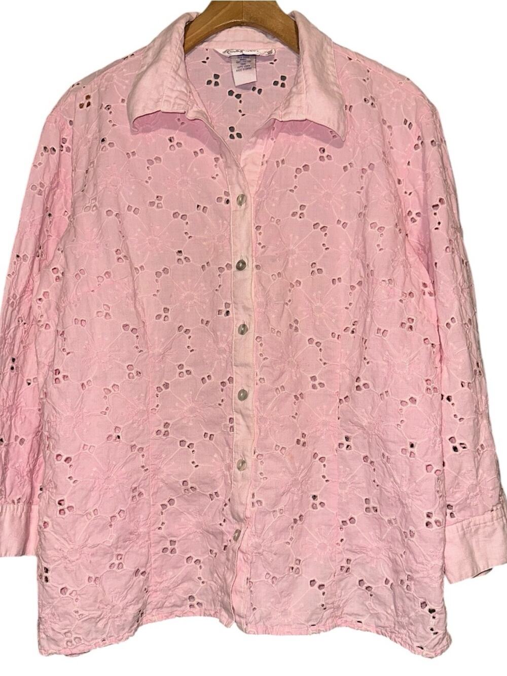Fresh Produce L Light Pink Eyelet Cotton Linen Detail Button Down Shirt Blouse